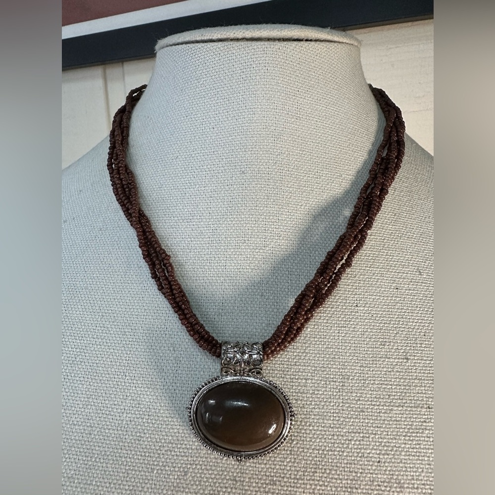 Multi strand chocolate seed bead pendant necklace